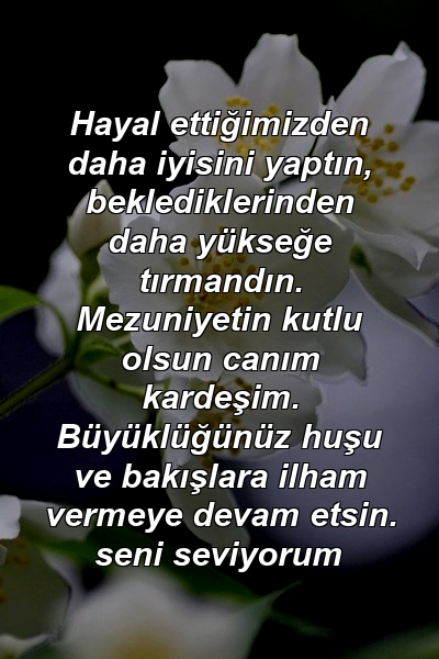 Hayal ettiğimizden daha iyisini yaptın, beklediklerinden daha yükseğe tırmandın. Mezuniyetin kutlu olsun canım kardeşim. Büyüklüğünüz huşu ve bakışlara ilham vermeye devam etsin. seni seviyorum