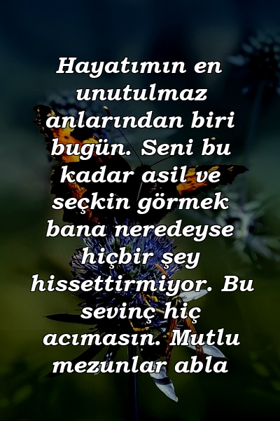 Hayatımın en unutulmaz anlarından biri bugün. Seni bu kadar asil ve seçkin görmek bana neredeyse hiçbir şey hissettirmiyor. Bu sevinç hiç acımasın. Mutlu mezunlar abla