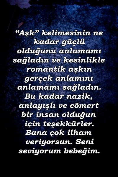 “Aşk” kelimesinin ne kadar güçlü olduğunu anlamamı sağladın ve kesinlikle romantik aşkın gerçek anlamını anlamamı sağladın. Bu kadar nazik, anlayışlı ve cömert bir insan olduğun için teşekkürler. Bana çok ilham veriyorsun. Seni seviyorum bebeğim.