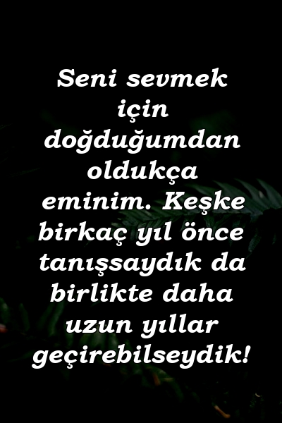 Seni sevmek için doğduğumdan oldukça eminim. Keşke birkaç yıl önce tanışsaydık da birlikte daha uzun yıllar geçirebilseydik!