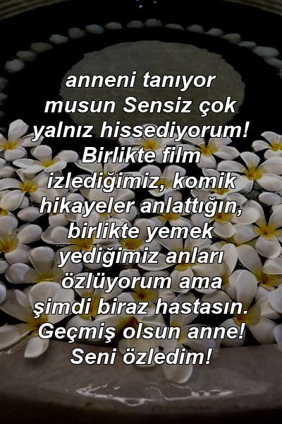 anneni tanıyor musun Sensiz çok yalnız hissediyorum! Birlikte film izlediğimiz, komik hikayeler anlattığın, birlikte yemek yediğimiz anları özlüyorum ama şimdi biraz hastasın. Geçmiş olsun anne! Seni özledim!