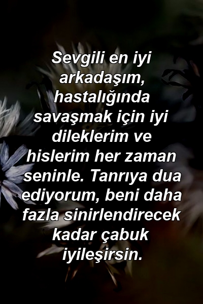 Sevgili en iyi arkadaşım, hastalığında savaşmak için iyi dileklerim ve hislerim her zaman seninle. Tanrıya dua ediyorum, beni daha fazla sinirlendirecek kadar çabuk iyileşirsin.