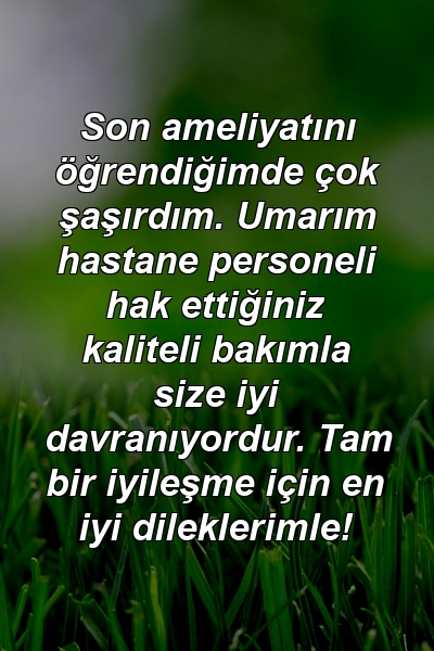 Son ameliyatını öğrendiğimde çok şaşırdım. Umarım hastane personeli hak ettiğiniz kaliteli bakımla size iyi davranıyordur. Tam bir iyileşme için en iyi dileklerimle!