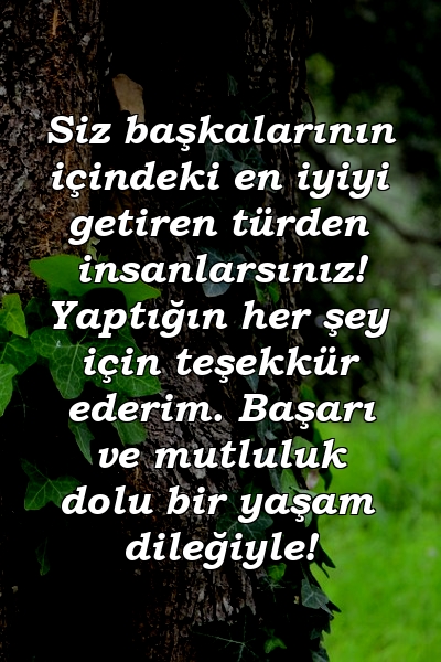 Siz başkalarının içindeki en iyiyi getiren türden insanlarsınız! Yaptığın her şey için teşekkür ederim. Başarı ve mutluluk dolu bir yaşam dileğiyle!