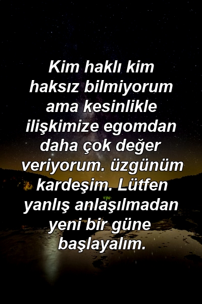 Kim haklı kim haksız bilmiyorum ama kesinlikle ilişkimize egomdan daha çok değer veriyorum. üzgünüm kardeşim. Lütfen yanlış anlaşılmadan yeni bir güne başlayalım.