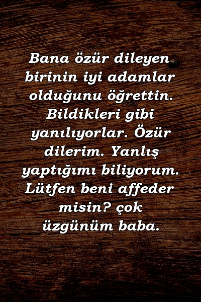 Bana özür dileyen birinin iyi adamlar olduğunu öğrettin. Bildikleri gibi yanılıyorlar. Özür dilerim. Yanlış yaptığımı biliyorum. Lütfen beni affeder misin? çok üzgünüm baba.