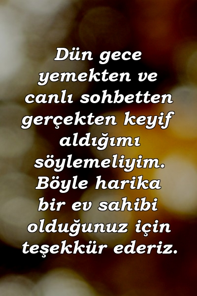 Dün gece yemekten ve canlı sohbetten gerçekten keyif aldığımı söylemeliyim. Böyle harika bir ev sahibi olduğunuz için teşekkür ederiz.