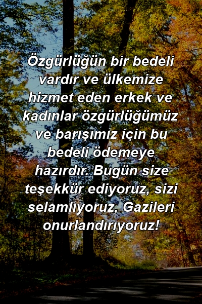 Özgürlüğün bir bedeli vardır ve ülkemize hizmet eden erkek ve kadınlar özgürlüğümüz ve barışımız için bu bedeli ödemeye hazırdır. Bugün size teşekkür ediyoruz, sizi selamlıyoruz, Gazileri onurlandırıyoruz!