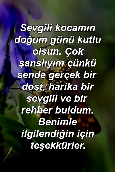 Sevgili kocamın doğum günü kutlu olsun. Çok şanslıyım çünkü sende gerçek bir dost, harika bir sevgili ve bir rehber buldum. Benimle ilgilendiğin için teşekkürler.