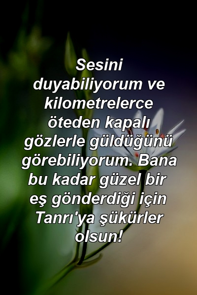 Sesini duyabiliyorum ve kilometrelerce öteden kapalı gözlerle güldüğünü görebiliyorum. Bana bu kadar güzel bir eş gönderdiği için Tanrı