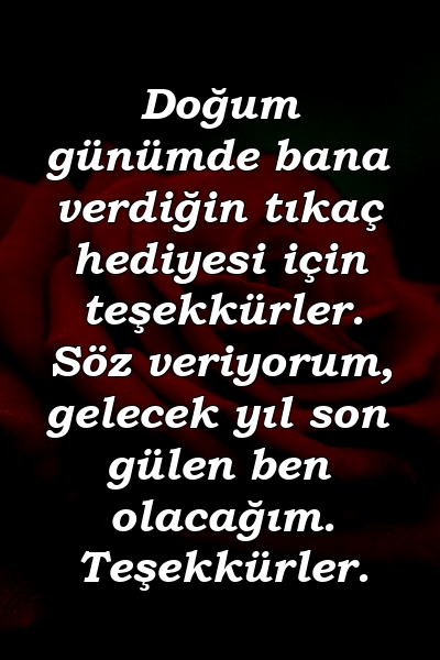 Doğum günümde bana verdiğin tıkaç hediyesi için teşekkürler. Söz veriyorum, gelecek yıl son gülen ben olacağım. Teşekkürler.