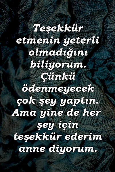 Teşekkür etmenin yeterli olmadığını biliyorum. Çünkü ödenmeyecek çok şey yaptın. Ama yine de her şey için teşekkür ederim anne diyorum.