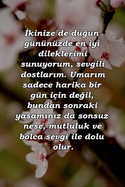 İkinize de düğün gününüzde en iyi dileklerimi sunuyorum, sevgili dostlarım. Umarım sadece harika bir gün için değil, bundan sonraki yaşamınız da sonsuz neşe, mutluluk ve bolca sevgi ile dolu olur.