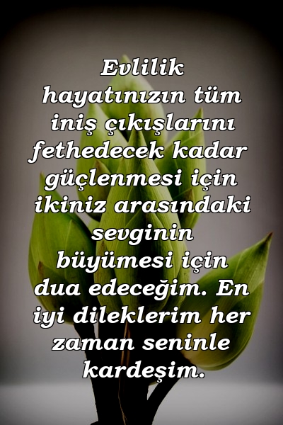 Evlilik hayatınızın tüm iniş çıkışlarını fethedecek kadar güçlenmesi için ikiniz arasındaki sevginin büyümesi için dua edeceğim. En iyi dileklerim her zaman seninle kardeşim.