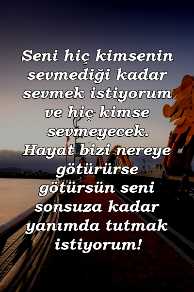 Seni hiç kimsenin sevmediği kadar sevmek istiyorum ve hiç kimse sevmeyecek. Hayat bizi nereye götürürse götürsün seni sonsuza kadar yanımda tutmak istiyorum!