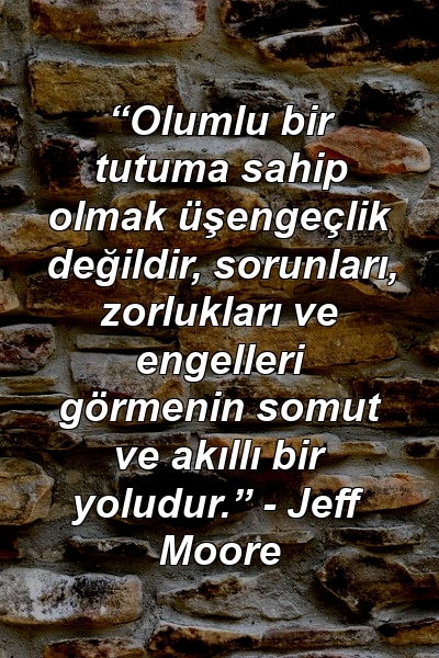 “Olumlu bir tutuma sahip olmak üşengeçlik değildir, sorunları, zorlukları ve engelleri görmenin somut ve akıllı bir yoludur.” - Jeff Moore