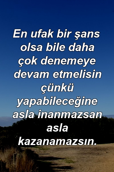 En ufak bir şans olsa bile daha çok denemeye devam etmelisin çünkü yapabileceğine asla inanmazsan asla kazanamazsın.