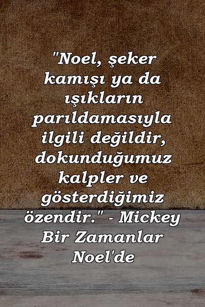 "Noel, şeker kamışı ya da ışıkların parıldamasıyla ilgili değildir, dokunduğumuz kalpler ve gösterdiğimiz özendir." - Mickey Bir Zamanlar Noel