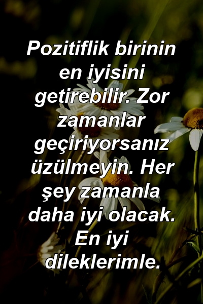 Pozitiflik birinin en iyisini getirebilir. Zor zamanlar geçiriyorsanız üzülmeyin. Her şey zamanla daha iyi olacak. En iyi dileklerimle.