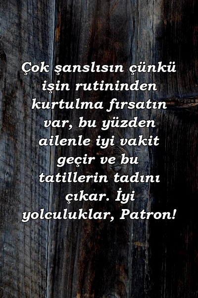 Çok şanslısın çünkü işin rutininden kurtulma fırsatın var, bu yüzden ailenle iyi vakit geçir ve bu tatillerin tadını çıkar. İyi yolculuklar, Patron!