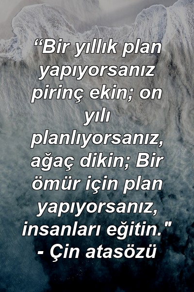 “Bir yıllık plan yapıyorsanız pirinç ekin; on yılı planlıyorsanız, ağaç dikin; Bir ömür için plan yapıyorsanız, insanları eğitin." - Çin atasözü