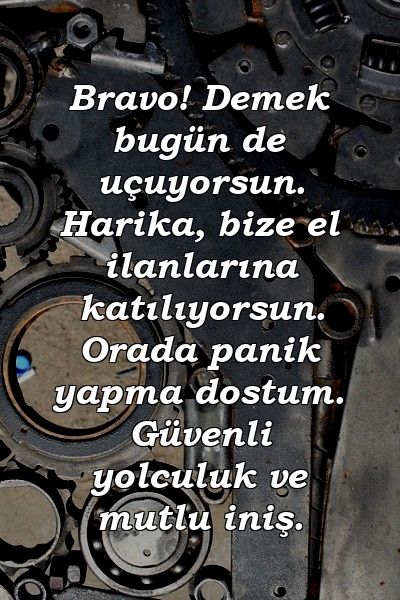 Bravo! Demek bugün de uçuyorsun. Harika, bize el ilanlarına katılıyorsun. Orada panik yapma dostum. Güvenli yolculuk ve mutlu iniş.