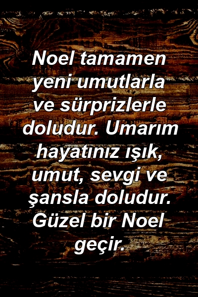 Noel tamamen yeni umutlarla ve sürprizlerle doludur. Umarım hayatınız ışık, umut, sevgi ve şansla doludur. Güzel bir Noel geçir.