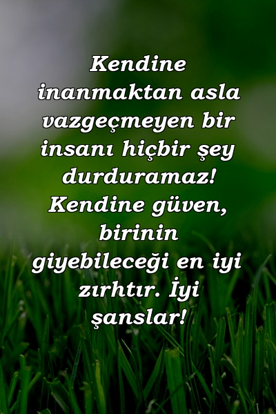 Kendine inanmaktan asla vazgeçmeyen bir insanı hiçbir şey durduramaz! Kendine güven, birinin giyebileceği en iyi zırhtır. İyi şanslar!