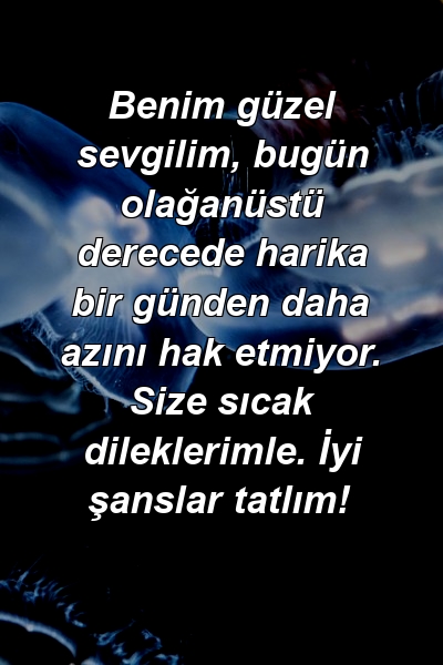 Benim güzel sevgilim, bugün olağanüstü derecede harika bir günden daha azını hak etmiyor. Size sıcak dileklerimle. İyi şanslar tatlım!