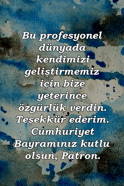 Bu profesyonel dünyada kendimizi geliştirmemiz için bize yeterince özgürlük verdin. Teşekkür ederim. Cumhuriyet Bayramınız kutlu olsun, Patron.