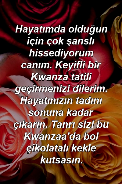 Hayatımda olduğun için çok şanslı hissediyorum canım. Keyifli bir Kwanza tatili geçirmenizi dilerim. Hayatınızın tadını sonuna kadar çıkarın. Tanrı sizi bu Kwanzaa