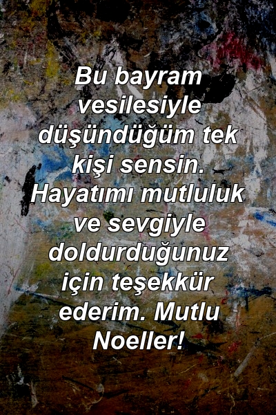 Bu bayram vesilesiyle düşündüğüm tek kişi sensin. Hayatımı mutluluk ve sevgiyle doldurduğunuz için teşekkür ederim. Mutlu Noeller!