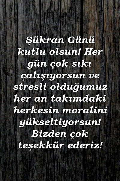 Şükran Günü kutlu olsun! Her gün çok sıkı çalışıyorsun ve stresli olduğumuz her an takımdaki herkesin moralini yükseltiyorsun! Bizden çok teşekkür ederiz!