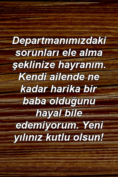 Departmanımızdaki sorunları ele alma şeklinize hayranım. Kendi ailende ne kadar harika bir baba olduğunu hayal bile edemiyorum. Yeni yılınız kutlu olsun!