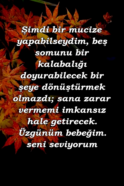 Şimdi bir mucize yapabilseydim, beş somunu bir kalabalığı doyurabilecek bir şeye dönüştürmek olmazdı; sana zarar vermemi imkansız hale getirecek. Üzgünüm bebeğim. seni seviyorum