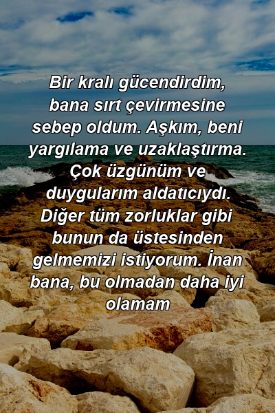 Bir kralı gücendirdim, bana sırt çevirmesine sebep oldum. Aşkım, beni yargılama ve uzaklaştırma. Çok üzgünüm ve duygularım aldatıcıydı. Diğer tüm zorluklar gibi bunun da üstesinden gelmemizi istiyorum. İnan bana, bu olmadan daha iyi olamam