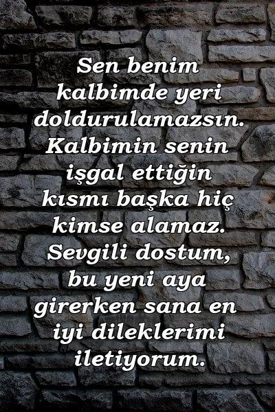 Sen benim kalbimde yeri doldurulamazsın. Kalbimin senin işgal ettiğin kısmı başka hiç kimse alamaz. Sevgili dostum, bu yeni aya girerken sana en iyi dileklerimi iletiyorum.