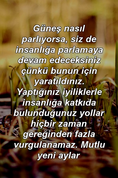 Güneş nasıl parlıyorsa, siz de insanlığa parlamaya devam edeceksiniz çünkü bunun için yaratıldınız. Yaptığınız iyiliklerle insanlığa katkıda bulunduğunuz yollar hiçbir zaman gereğinden fazla vurgulanamaz. Mutlu yeni aylar