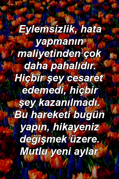 Eylemsizlik, hata yapmanın maliyetinden çok daha pahalıdır. Hiçbir şey cesaret edemedi, hiçbir şey kazanılmadı. Bu hareketi bugün yapın, hikayeniz değişmek üzere. Mutlu yeni aylar