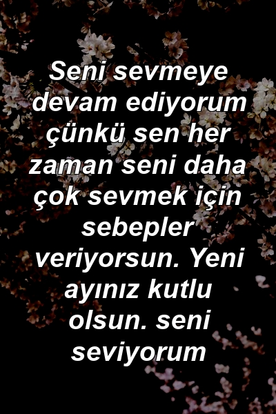 Seni sevmeye devam ediyorum çünkü sen her zaman seni daha çok sevmek için sebepler veriyorsun. Yeni ayınız kutlu olsun. seni seviyorum