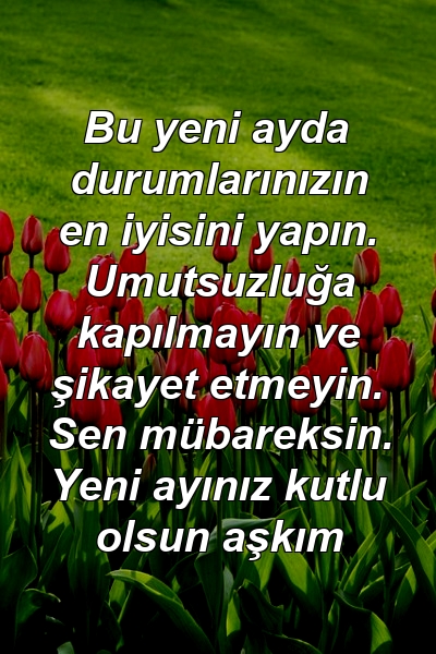 Bu yeni ayda durumlarınızın en iyisini yapın. Umutsuzluğa kapılmayın ve şikayet etmeyin. Sen mübareksin. Yeni ayınız kutlu olsun aşkım