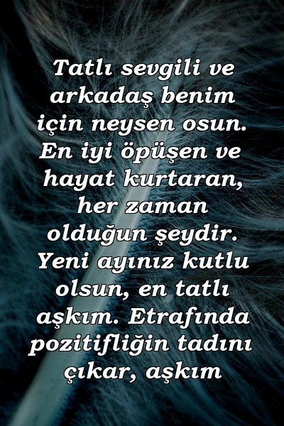 Tatlı sevgili ve arkadaş benim için neysen osun. En iyi öpüşen ve hayat kurtaran, her zaman olduğun şeydir. Yeni ayınız kutlu olsun, en tatlı aşkım. Etrafında pozitifliğin tadını çıkar, aşkım