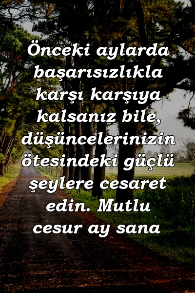 Önceki aylarda başarısızlıkla karşı karşıya kalsanız bile, düşüncelerinizin ötesindeki güçlü şeylere cesaret edin. Mutlu cesur ay sana