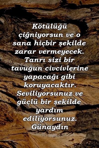 Kötülüğü çiğniyorsun ve o sana hiçbir şekilde zarar vermeyecek. Tanrı sizi bir tavuğun civcivlerine yapacağı gibi koruyacaktır. Seviliyorsunuz ve güçlü bir şekilde yardım ediliyorsunuz. Günaydın