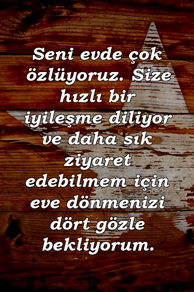 Seni evde çok özlüyoruz. Size hızlı bir iyileşme diliyor ve daha sık ziyaret edebilmem için eve dönmenizi dört gözle bekliyorum.