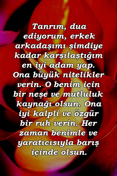 Tanrım, dua ediyorum, erkek arkadaşımı şimdiye kadar karşılaştığım en iyi adam yap. Ona büyük nitelikler verin. O benim için bir neşe ve mutluluk kaynağı olsun. Ona iyi kalpli ve özgür bir ruh verin. Her zaman benimle ve yaratıcısıyla barış içinde olsun.