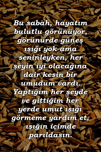 Bu sabah, hayatım bulutlu görünüyor, görünürde güneş ışığı yok ama seninleyken, her şeyin iyi olacağına dair kesin bir umudum vardı. Yaptığım her şeyde ve gittiğim her yerde umut ışığı görmeme yardım et, ışığın içimde parıldasın.