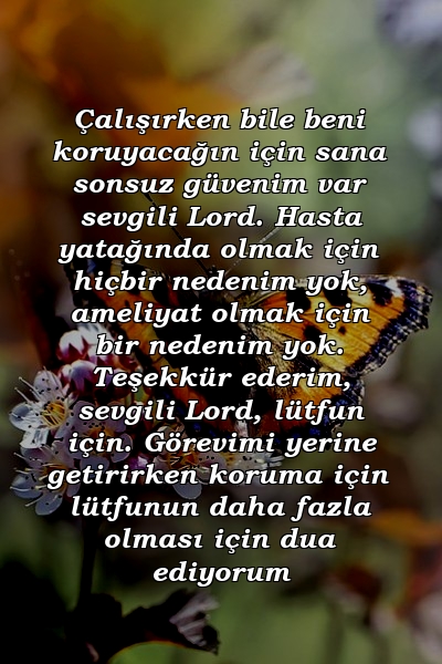 Çalışırken bile beni koruyacağın için sana sonsuz güvenim var sevgili Lord. Hasta yatağında olmak için hiçbir nedenim yok, ameliyat olmak için bir nedenim yok. Teşekkür ederim, sevgili Lord, lütfun için. Görevimi yerine getirirken koruma için lütfunun daha fazla olması için dua ediyorum