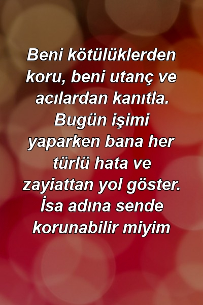 Beni kötülüklerden koru, beni utanç ve acılardan kanıtla. Bugün işimi yaparken bana her türlü hata ve zayiattan yol göster. İsa adına sende korunabilir miyim