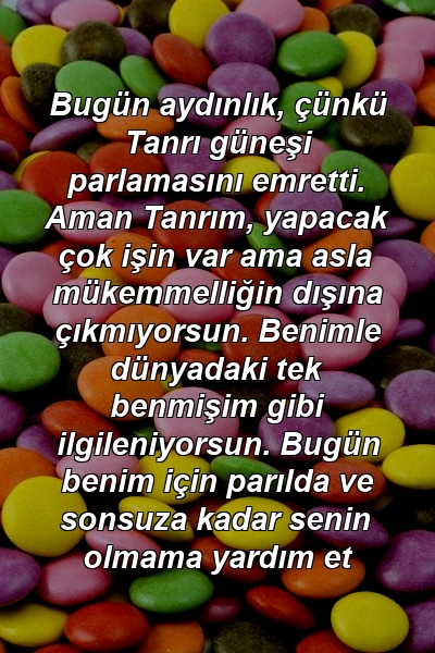 Bugün aydınlık, çünkü Tanrı güneşi parlamasını emretti. Aman Tanrım, yapacak çok işin var ama asla mükemmelliğin dışına çıkmıyorsun. Benimle dünyadaki tek benmişim gibi ilgileniyorsun. Bugün benim için parılda ve sonsuza kadar senin olmama yardım et